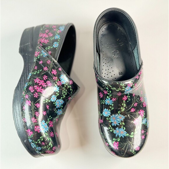 Dansko Womens Shoes Black Patent Leather Clogs Floral Slip On Nursing 38 US 8 - Picture 3 of 6
